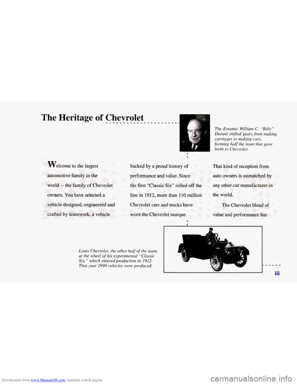 CHEVROLET CAMARO 1996 4.G Owners Manual Downloaded from www.Manualslib.com manuals search engine Louis Chev 
.::. 
The  dynamic  Willium C. “Billy” 
Durunt  shijted  gears from muking 
carriages  to  muking curs, 
forming  half the  tea