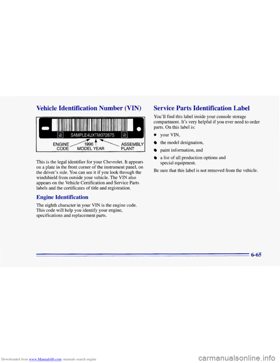 CHEVROLET CAMARO 1996 4.G Owners Manual Downloaded from www.Manualslib.com manuals search engine Vehicle Identification Number (VIN) Service Parts Identification Label
111 1111 111 111111 111 111111 I1 111111111111
SAMPLE4UXTM072675 CHEVROLET CAMARO 1996 4.G Owners Manual Downloaded from www.Manualslib.com manuals search engine Vehicle Identification Number (VIN) Service Parts Identification Label
111 1111 111 111111 111 111111 I1 111111111111
SAMPLE4UXTM072675