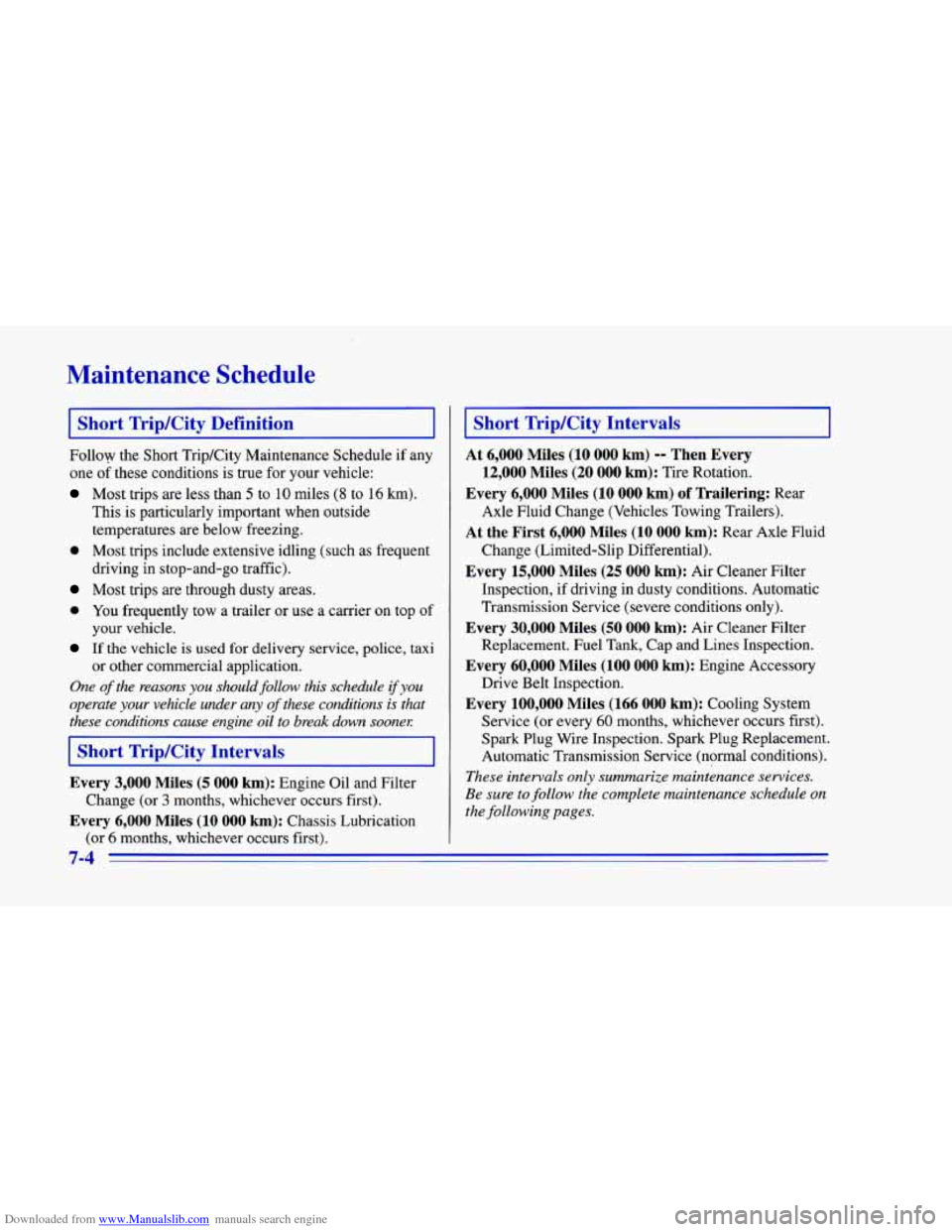 CHEVROLET CAMARO 1996 4.G Owners Manual Downloaded from www.Manualslib.com manuals search engine Maintenance Schedule
Short TriplCity Definition
Follow the Short Trip/City Maintenance Schedule if any
one of these conditions is tru CHEVROLET CAMARO 1996 4.G Owners Manual Downloaded from www.Manualslib.com manuals search engine Maintenance Schedule
Short TriplCity Definition
Follow the Short Trip/City Maintenance Schedule if any
one of these conditions is tru