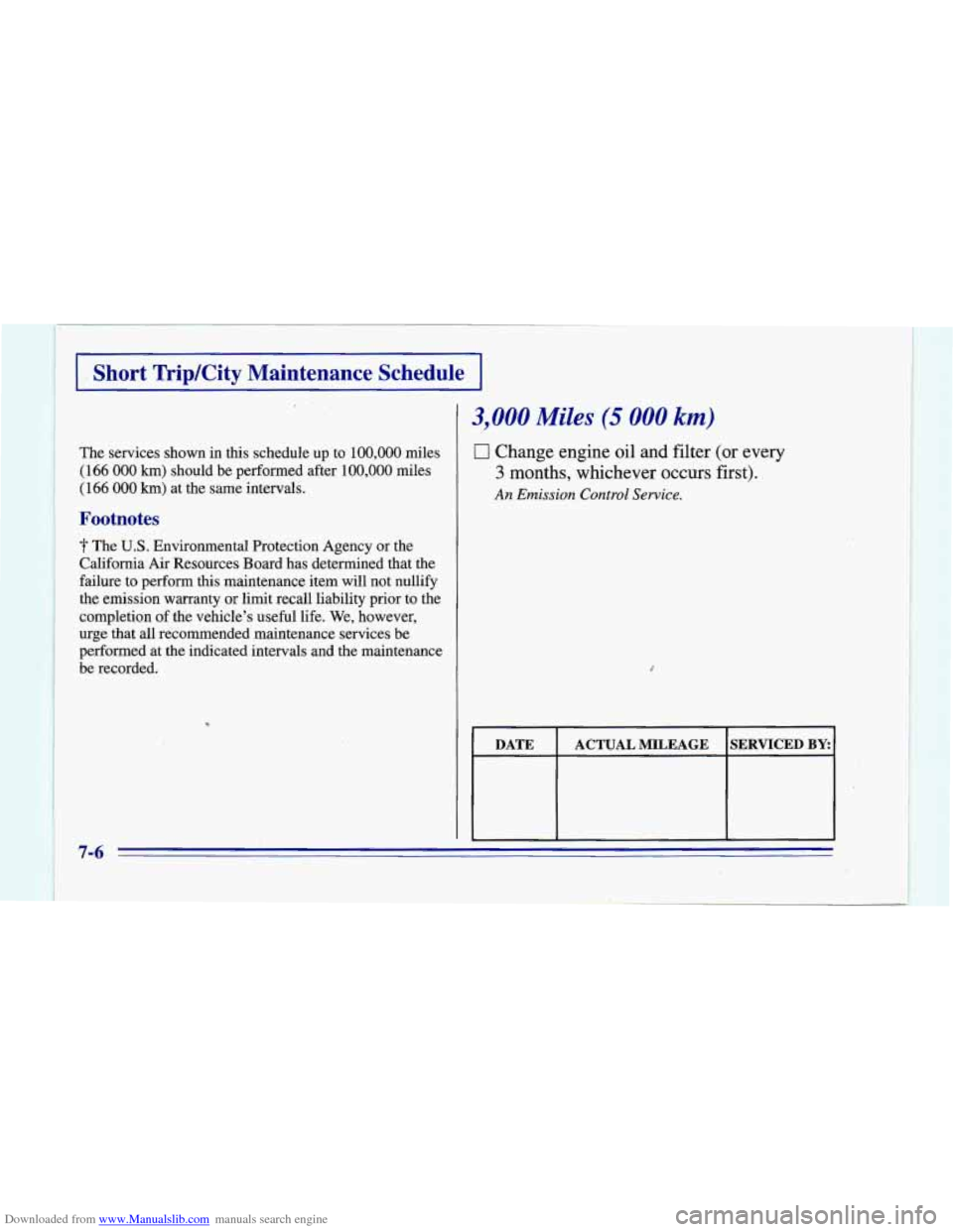 CHEVROLET CAMARO 1996 4.G Owners Manual Downloaded from www.Manualslib.com manuals search engine 1 - Short Trip/City Maintenance Schedule I
The services shown in this schedule up to 100,000 miles
(1 66
000 km) should be perf CHEVROLET CAMARO 1996 4.G Owners Manual Downloaded from www.Manualslib.com manuals search engine 1 - Short Trip/City Maintenance Schedule I
The services shown in this schedule up to 100,000 miles
(1 66
000 km) should be perf