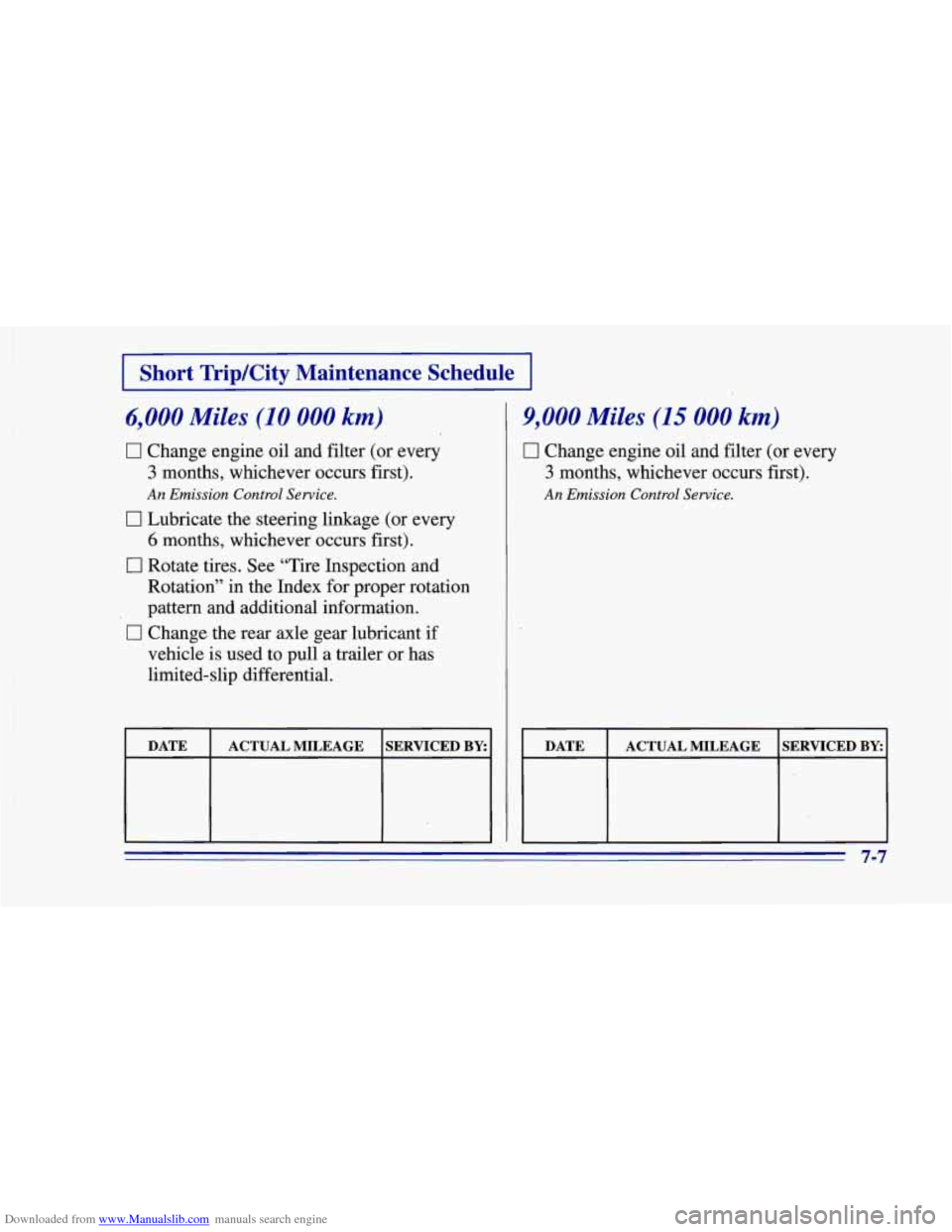 CHEVROLET CAMARO 1996 4.G Owners Manual Downloaded from www.Manualslib.com manuals search engine I Short Trip/City Maintenance Schedule I
6,000 Miles (10 000 km) I
0 Change engine oil and filter (or every
3 months, whichever occur CHEVROLET CAMARO 1996 4.G Owners Manual Downloaded from www.Manualslib.com manuals search engine I Short Trip/City Maintenance Schedule I
6,000 Miles (10 000 km) I
0 Change engine oil and filter (or every
3 months, whichever occur