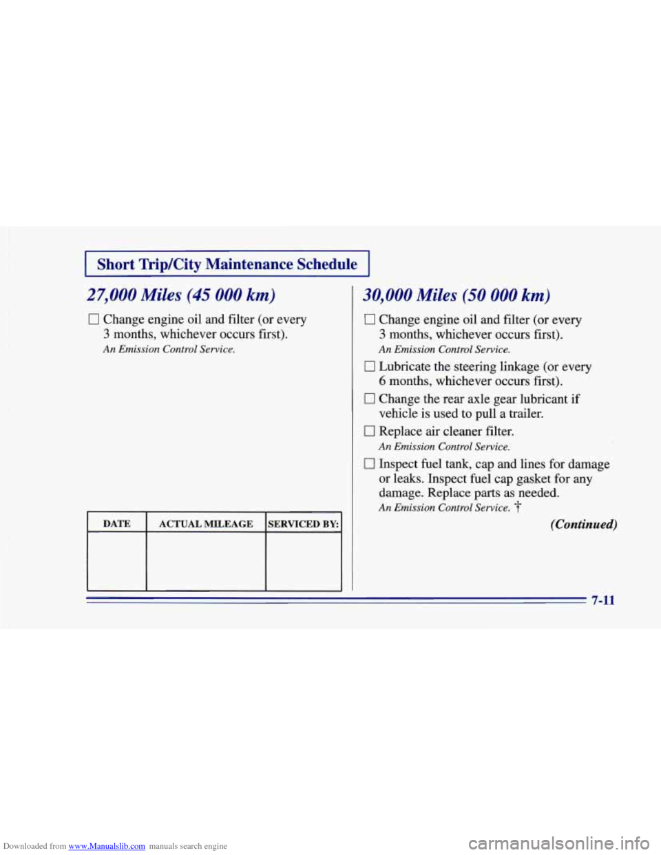 CHEVROLET CAMARO 1996 4.G Owners Manual Downloaded from www.Manualslib.com manuals search engine I Short  Trip/City  Maintenance  Schedule I 
27,000 Miles (45 000 km) 
0 Change engine oil and filter  (or every 
3 months,  whichever  occurs 