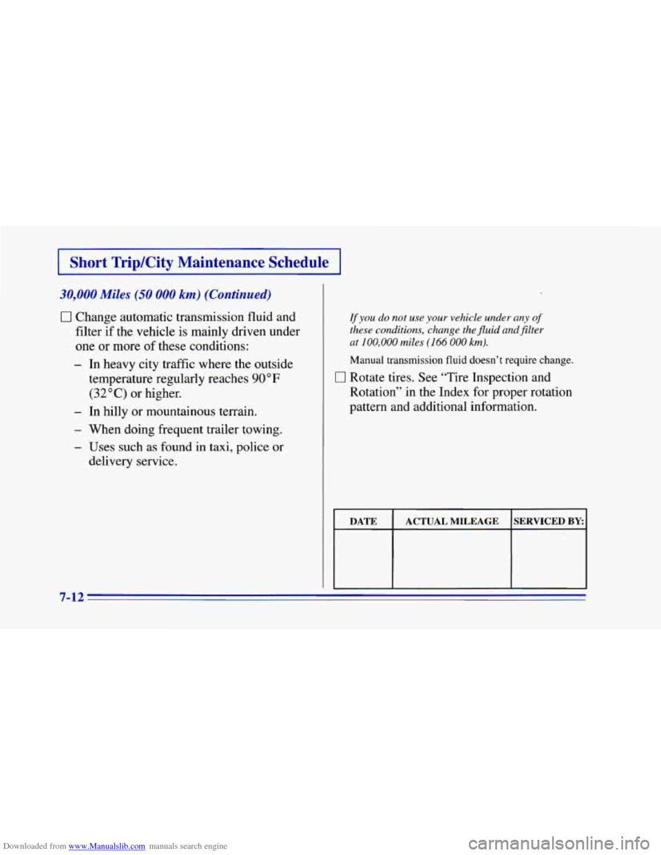CHEVROLET CAMARO 1996 4.G Owners Manual Downloaded from www.Manualslib.com manuals search engine 1 Short Trip/City Maintenance Schedule I
30,000 Miles (50 000 km) (Continued)
0 Change automatic transmission fluid and
filter
if the CHEVROLET CAMARO 1996 4.G Owners Manual Downloaded from www.Manualslib.com manuals search engine 1 Short Trip/City Maintenance Schedule I
30,000 Miles (50 000 km) (Continued)
0 Change automatic transmission fluid and
filter
if the