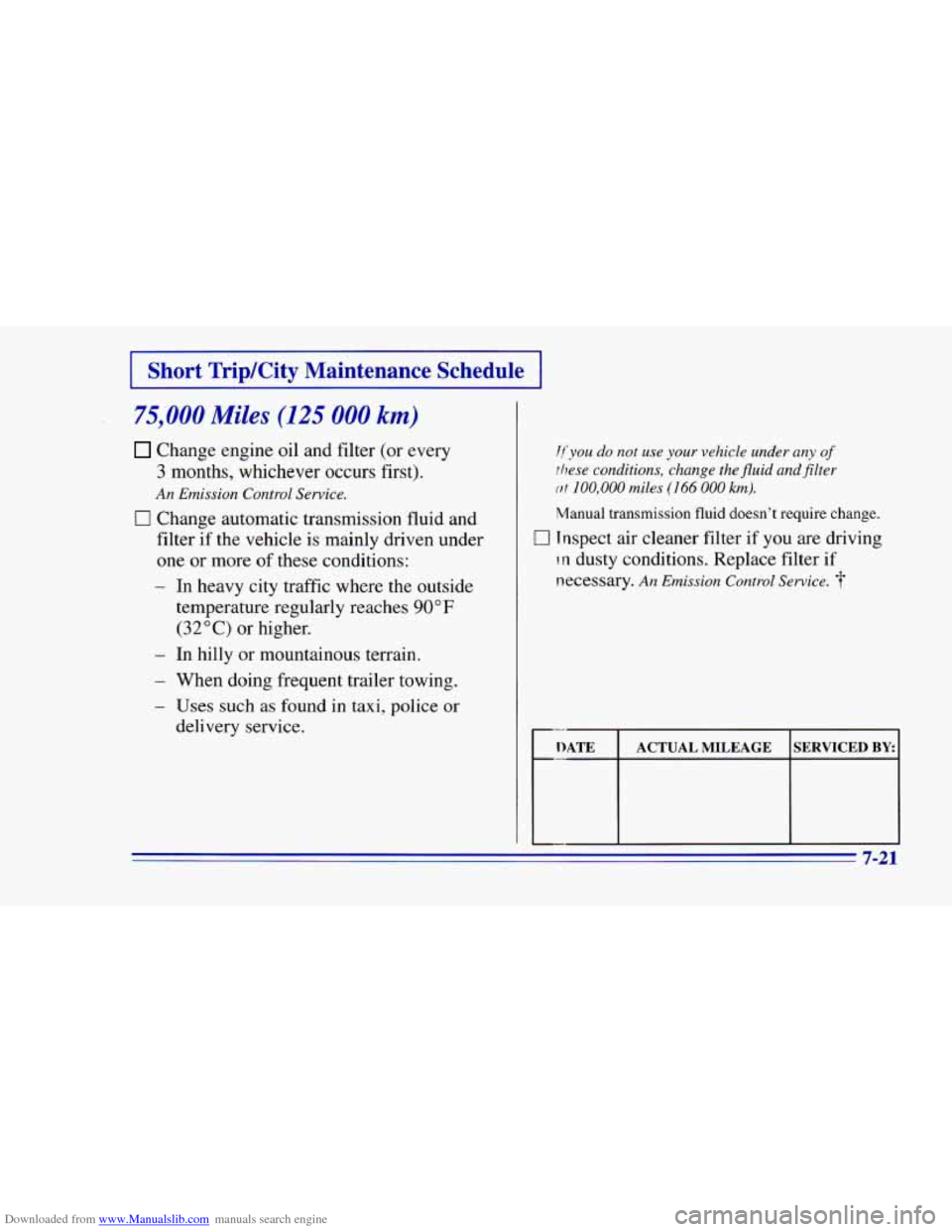 CHEVROLET CAMARO 1996 4.G Owners Manual Downloaded from www.Manualslib.com manuals search engine I Short TripKity Maintenance Schedule I
75,000 Miles (125 000 km)
Change engine oil and filter (or every
3 months, whichever occurs f CHEVROLET CAMARO 1996 4.G Owners Manual Downloaded from www.Manualslib.com manuals search engine I Short TripKity Maintenance Schedule I
75,000 Miles (125 000 km)
Change engine oil and filter (or every
3 months, whichever occurs f