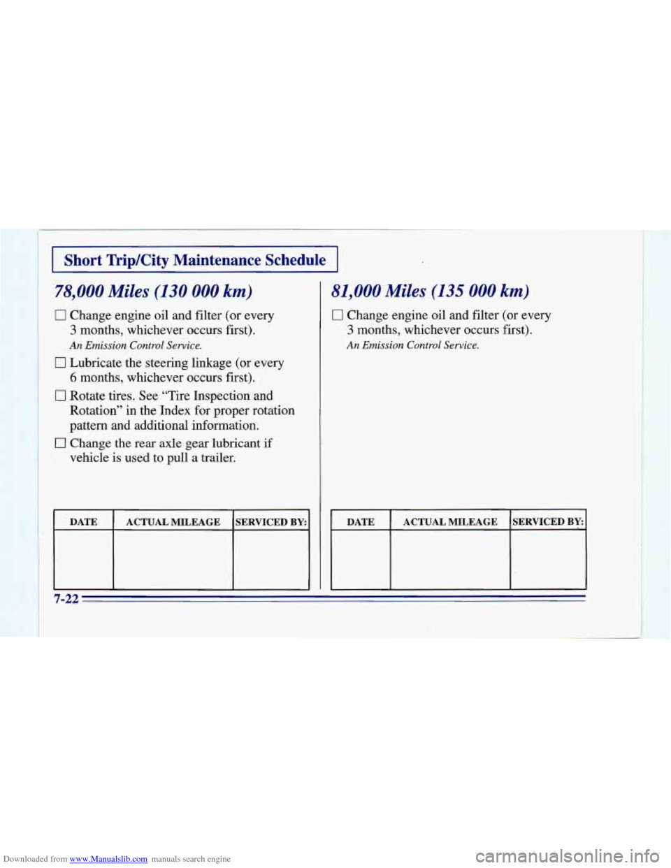 CHEVROLET CAMARO 1996 4.G Owners Manual Downloaded from www.Manualslib.com manuals search engine i
I 1
I Short Trip/City Maintenance Schedule I
78,000 Miles (130 000 km)
0 Change engine oil and filter (or every
3 months, whiche CHEVROLET CAMARO 1996 4.G Owners Manual Downloaded from www.Manualslib.com manuals search engine i
I 1
I Short Trip/City Maintenance Schedule I
78,000 Miles (130 000 km)
0 Change engine oil and filter (or every
3 months, whiche