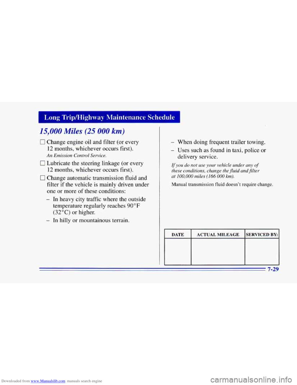 CHEVROLET CAMARO 1996 4.G Owners Manual Downloaded from www.Manualslib.com manuals search engine Long Tripmighway Maintenance Schedule 1
15,000 Miles (25 000 km)
0 Change engine oil and filter (or every
12 months, whichever occurs CHEVROLET CAMARO 1996 4.G Owners Manual Downloaded from www.Manualslib.com manuals search engine Long Tripmighway Maintenance Schedule 1
15,000 Miles (25 000 km)
0 Change engine oil and filter (or every
12 months, whichever occurs