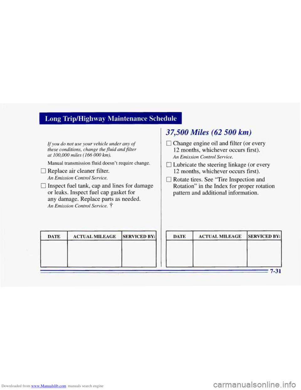 CHEVROLET CAMARO 1996 4.G Owners Manual Downloaded from www.Manualslib.com manuals search engine I Long  Trip/Highway  Maintenance Schedule I 
If you do  not  use your  vehicle under  any of 
these conditions, change the  fluid and filter 
