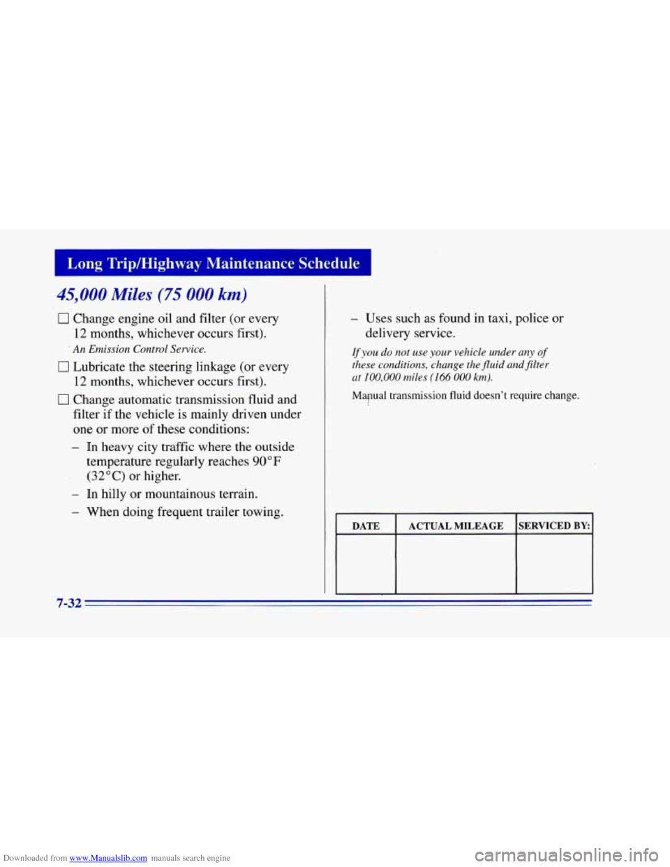 CHEVROLET CAMARO 1996 4.G Owners Manual Downloaded from www.Manualslib.com manuals search engine 1 Long Trip/Highway Maintenance Schedule I
In heavy city traffic where the outside
temperature regularly reaches
90 O F
(32°C) or CHEVROLET CAMARO 1996 4.G Owners Manual Downloaded from www.Manualslib.com manuals search engine 1 Long Trip/Highway Maintenance Schedule I
In heavy city traffic where the outside
temperature regularly reaches
90 O F
(32°C) or