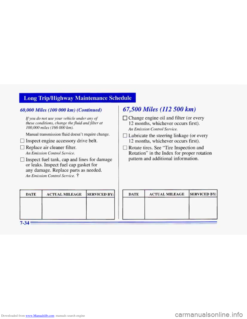 CHEVROLET CAMARO 1996 4.G Owners Manual Downloaded from www.Manualslib.com manuals search engine Long Trip/Highway  Maintenance  Schedule I 
mm 
~~ 
60,000 Miles (100 000 km) (Continued) 
If you do not use your vehicle under any of 
these c