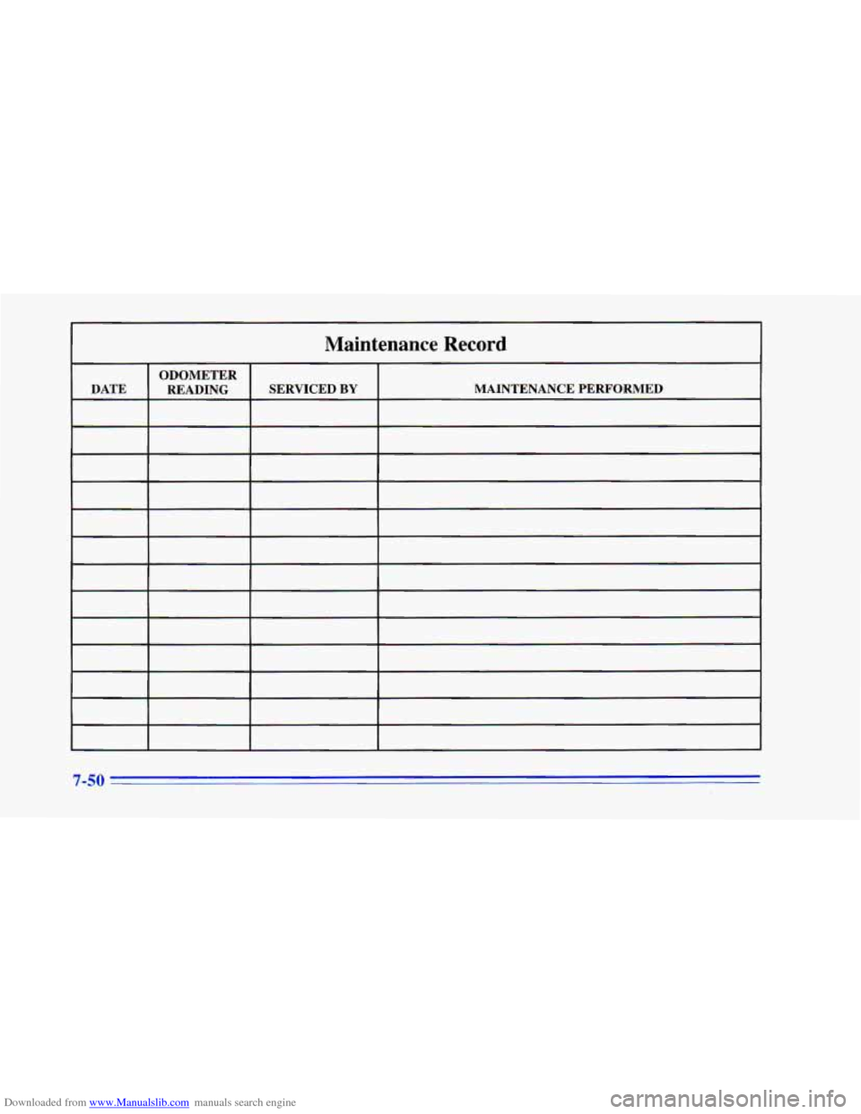 CHEVROLET CAMARO 1996 4.G Owners Manual Downloaded from www.Manualslib.com manuals search engine Maintenance Record
SERVICED BY MAINTENANCE PERFORMED
7-50 CHEVROLET CAMARO 1996 4.G Owners Manual Downloaded from www.Manualslib.com manuals search engine Maintenance Record
SERVICED BY MAINTENANCE PERFORMED
7-50