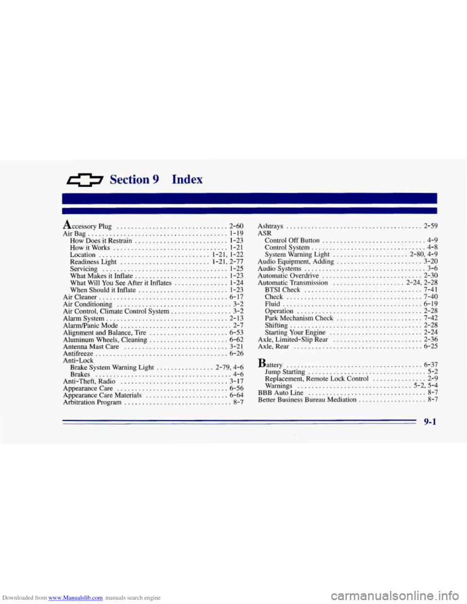 CHEVROLET CAMARO 1996 4.G Owners Manual Downloaded from www.Manualslib.com manuals search engine 0 Section 9 Index
Accessory Plug ............................... 2-60
AirBag
....................................... 1-19
How Does it Res CHEVROLET CAMARO 1996 4.G Owners Manual Downloaded from www.Manualslib.com manuals search engine 0 Section 9 Index
Accessory Plug ............................... 2-60
AirBag
....................................... 1-19
How Does it Res