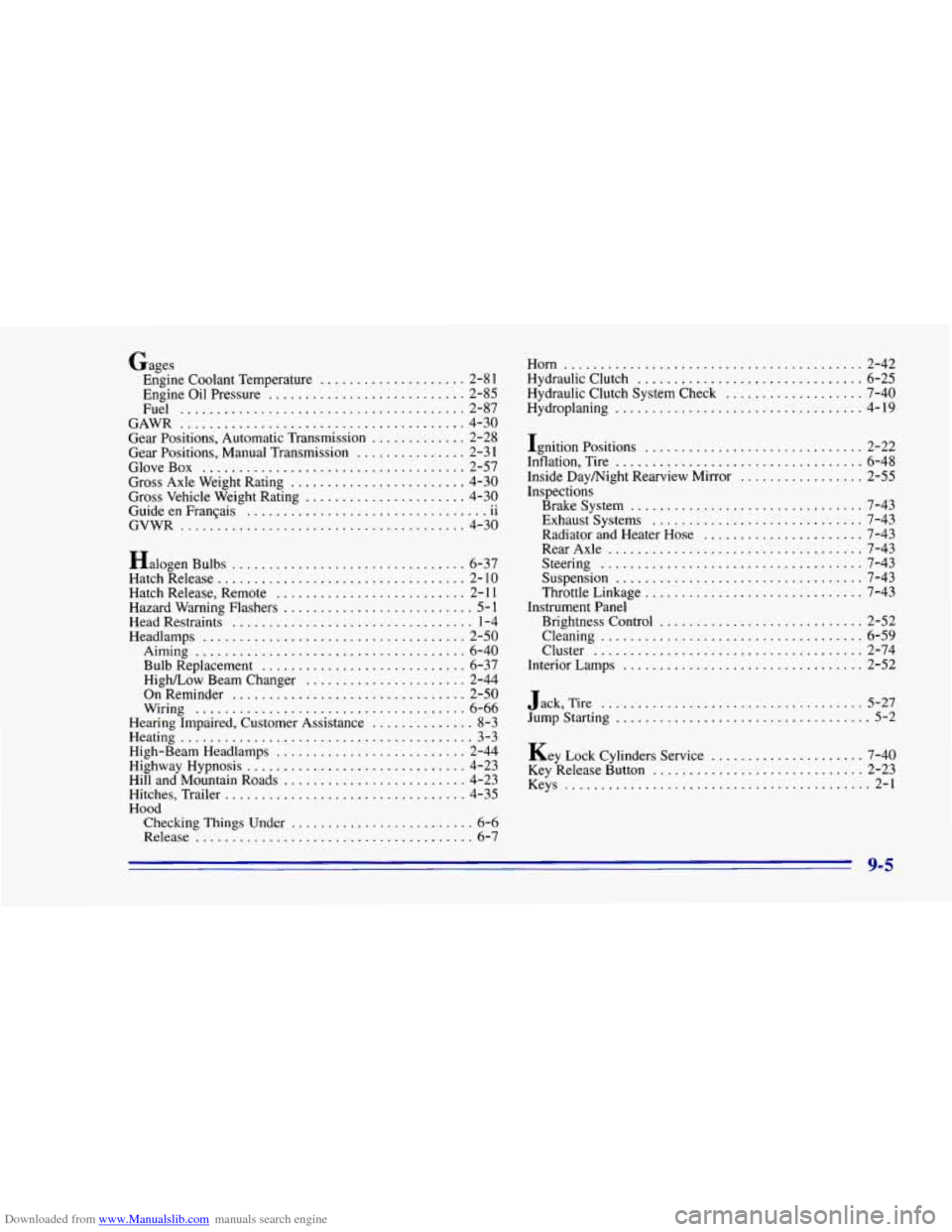CHEVROLET CAMARO 1996 4.G Owners Manual Downloaded from www.Manualslib.com manuals search engine Gages Engine Coolant Temperature
.................... 2-8 1
Engine Oil Pressure ........................... 2-85
Fuel ..................... CHEVROLET CAMARO 1996 4.G Owners Manual Downloaded from www.Manualslib.com manuals search engine Gages Engine Coolant Temperature
.................... 2-8 1
Engine Oil Pressure ........................... 2-85
Fuel .....................