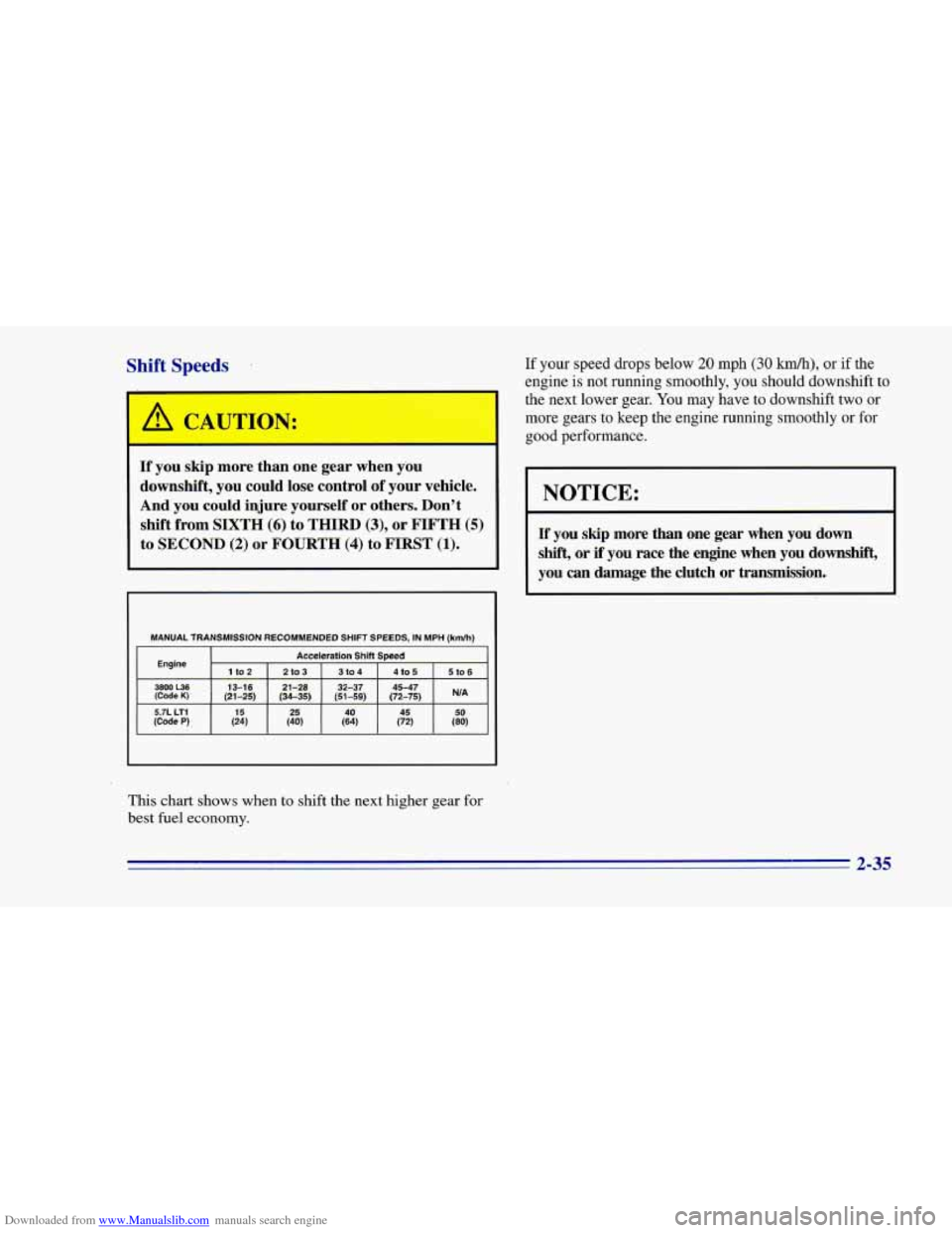 CHEVROLET CAMARO 1996 4.G Owners Manual Downloaded from www.Manualslib.com manuals search engine Shift Speeds 
If you skip more  than one gear  when  you 
downshift,  you could  lose  control of your  vehicle. 
And  you could  injure  yours