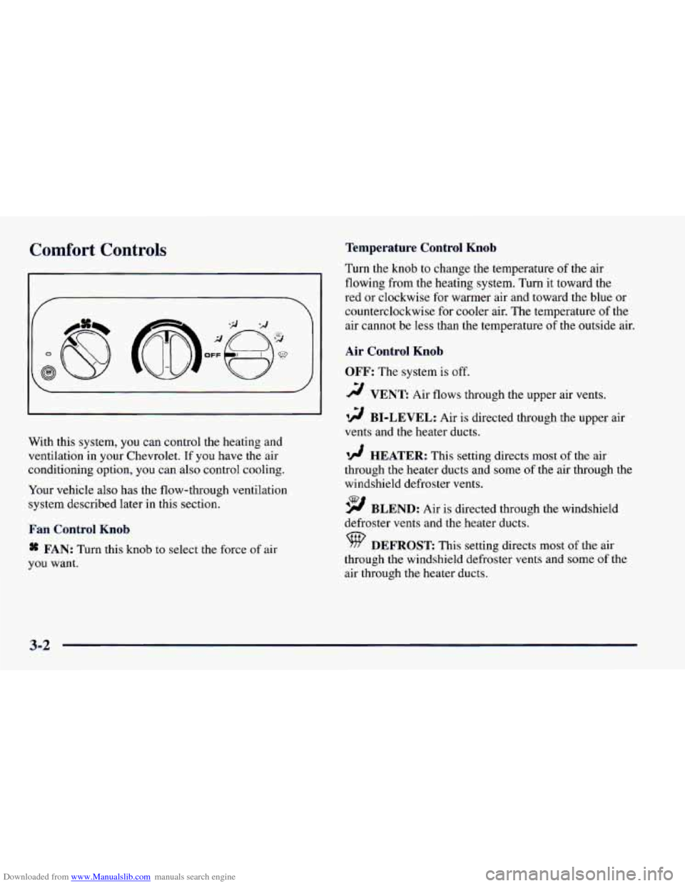 CHEVROLET CAMARO 1997 4.G Owners Manual Downloaded from www.Manualslib.com manuals search engine Comfort Controls Temperature Control Knob
\@
With this system, you can control the heating and
ventilation in your Chevrolet. If you h CHEVROLET CAMARO 1997 4.G Owners Manual Downloaded from www.Manualslib.com manuals search engine Comfort Controls Temperature Control Knob
\@
With this system, you can control the heating and
ventilation in your Chevrolet. If you h