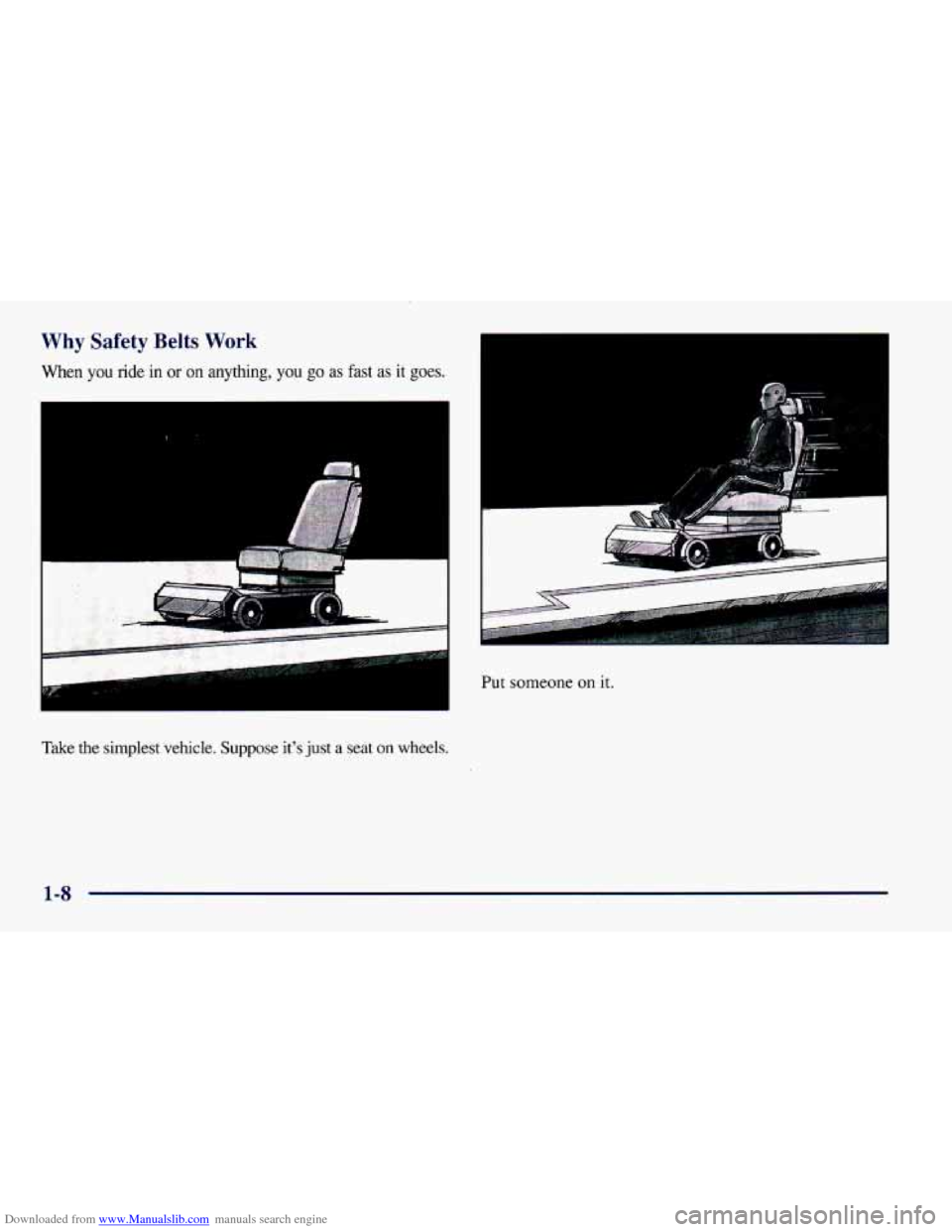 CHEVROLET CAMARO 1997 4.G User Guide Downloaded from www.Manualslib.com manuals search engine Why Safety Belts Work
When you ride in or on anything, you go as fast as it goes,
Take the simplest vehicle. Suppose its just
a seat CHEVROLET CAMARO 1997 4.G User Guide Downloaded from www.Manualslib.com manuals search engine Why Safety Belts Work
When you ride in or on anything, you go as fast as it goes,
Take the simplest vehicle. Suppose its just
a seat