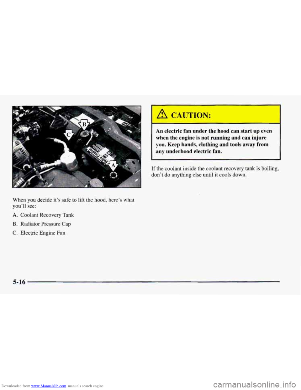 CHEVROLET CAMARO 1997 4.G Owners Manual Downloaded from www.Manualslib.com manuals search engine When you decide it’s safe to lift the hood, here’s what
you’ll see:
A. Coolant Recovery Tank
B. Radiator Pressure Cap
C. Electric CHEVROLET CAMARO 1997 4.G Owners Manual Downloaded from www.Manualslib.com manuals search engine When you decide it’s safe to lift the hood, here’s what
you’ll see:
A. Coolant Recovery Tank
B. Radiator Pressure Cap
C. Electric