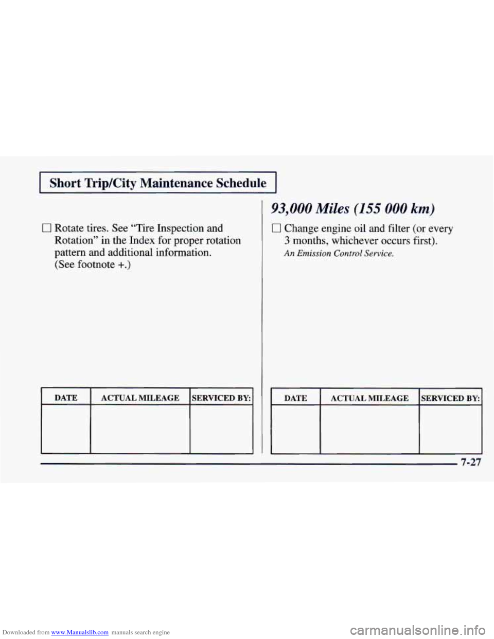 CHEVROLET CAMARO 1997 4.G Owners Manual Downloaded from www.Manualslib.com manuals search engine I Short TripKity Maintenance Schedu
0 Rotate tires. See “Tire Inspection and
Rotation” in the Index for proper rotation
pattern a CHEVROLET CAMARO 1997 4.G Owners Manual Downloaded from www.Manualslib.com manuals search engine I Short TripKity Maintenance Schedu
0 Rotate tires. See “Tire Inspection and
Rotation” in the Index for proper rotation
pattern a