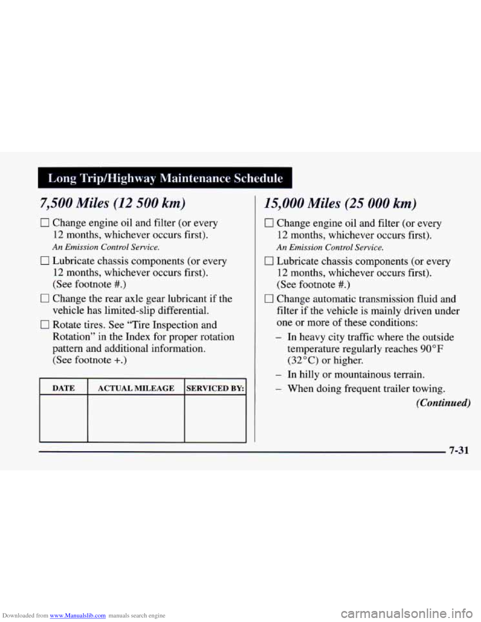 CHEVROLET CAMARO 1997 4.G Owners Manual Downloaded from www.Manualslib.com manuals search engine 7,500 Miles (12 500 km)
0 Change engine oil and filter (or every
12 months, whichever occurs first).
0 Lubricate chassis components (o CHEVROLET CAMARO 1997 4.G Owners Manual Downloaded from www.Manualslib.com manuals search engine 7,500 Miles (12 500 km)
0 Change engine oil and filter (or every
12 months, whichever occurs first).
0 Lubricate chassis components (o