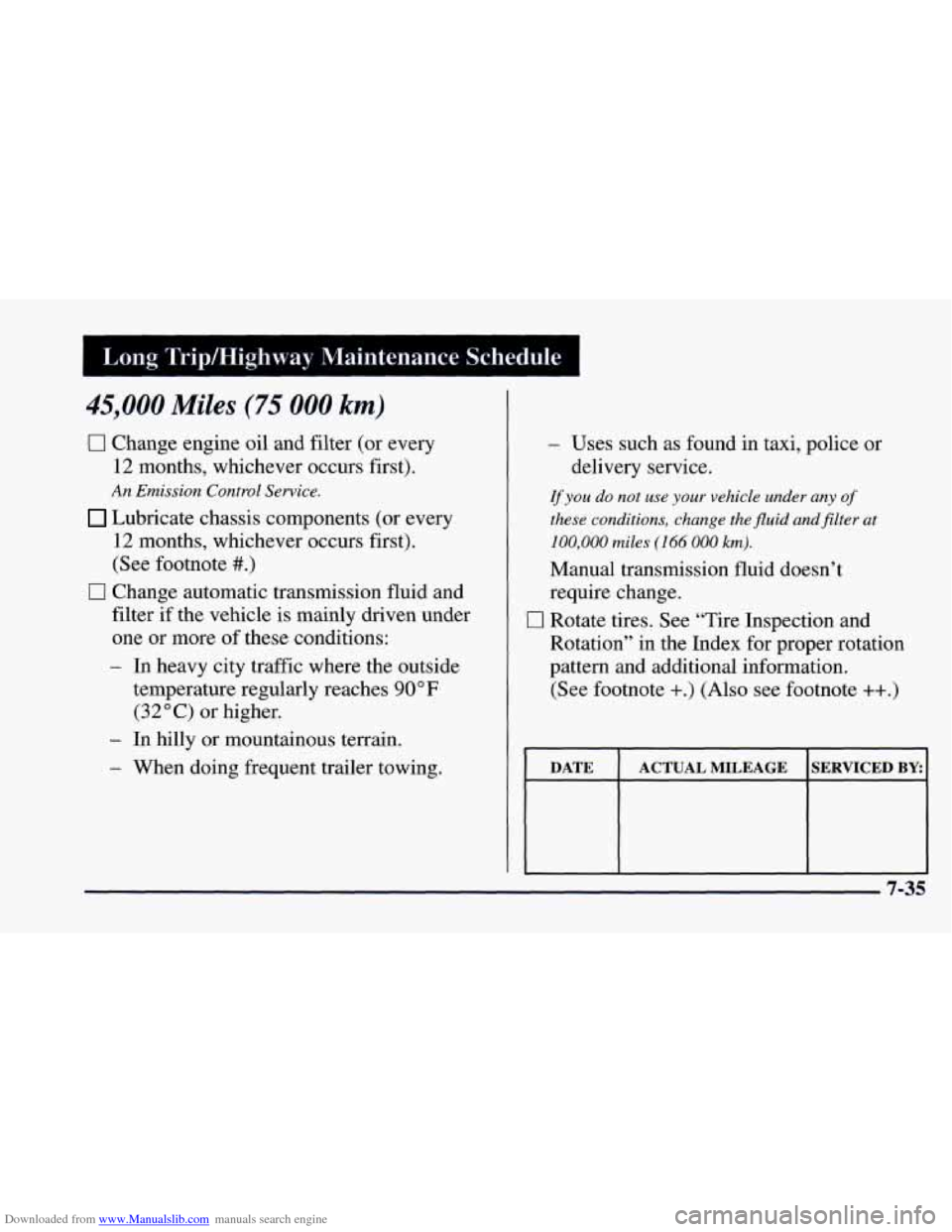 CHEVROLET CAMARO 1997 4.G Owners Manual Downloaded from www.Manualslib.com manuals search engine I Long Tripmighway Maintenance Schedule I
45,000 Miles (75 000 km)
0 Change engine oil and filter (or every
12 months, whichever occu CHEVROLET CAMARO 1997 4.G Owners Manual Downloaded from www.Manualslib.com manuals search engine I Long Tripmighway Maintenance Schedule I
45,000 Miles (75 000 km)
0 Change engine oil and filter (or every
12 months, whichever occu