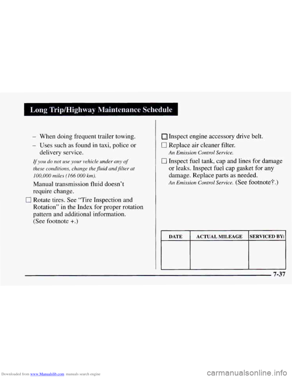 CHEVROLET CAMARO 1997 4.G Owners Manual Downloaded from www.Manualslib.com manuals search engine I Long TripLHighway Maintenance Schedule I
- When doing frequent trailer towing.
- Uses such as found in taxi, police or
If you do no CHEVROLET CAMARO 1997 4.G Owners Manual Downloaded from www.Manualslib.com manuals search engine I Long TripLHighway Maintenance Schedule I
- When doing frequent trailer towing.
- Uses such as found in taxi, police or
If you do no