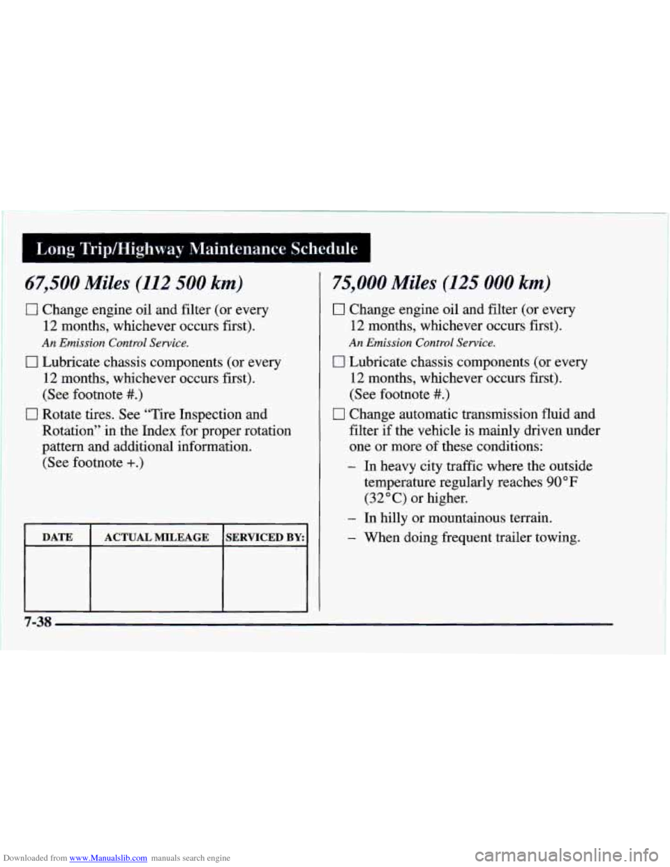 CHEVROLET CAMARO 1997 4.G Owners Manual Downloaded from www.Manualslib.com manuals search engine Long Trip/Highway Maintenance Schedule I
67,500 Miles (112 500 km)
0 Change engine oil and filter (or every
12 months, whichever oc CHEVROLET CAMARO 1997 4.G Owners Manual Downloaded from www.Manualslib.com manuals search engine Long Trip/Highway Maintenance Schedule I
67,500 Miles (112 500 km)
0 Change engine oil and filter (or every
12 months, whichever oc