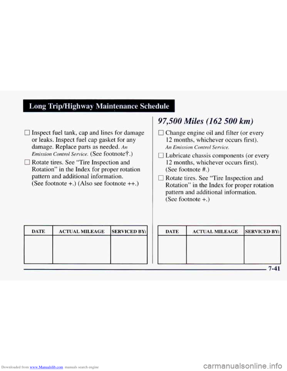 CHEVROLET CAMARO 1997 4.G Owners Manual Downloaded from www.Manualslib.com manuals search engine 0 Inspect fuel tank, cap and lines for damage
or leaks. Inspect fuel cap gasket for any
damage. Replace parts as needed.
An
Emission
Co CHEVROLET CAMARO 1997 4.G Owners Manual Downloaded from www.Manualslib.com manuals search engine 0 Inspect fuel tank, cap and lines for damage
or leaks. Inspect fuel cap gasket for any
damage. Replace parts as needed.
An
Emission
Co