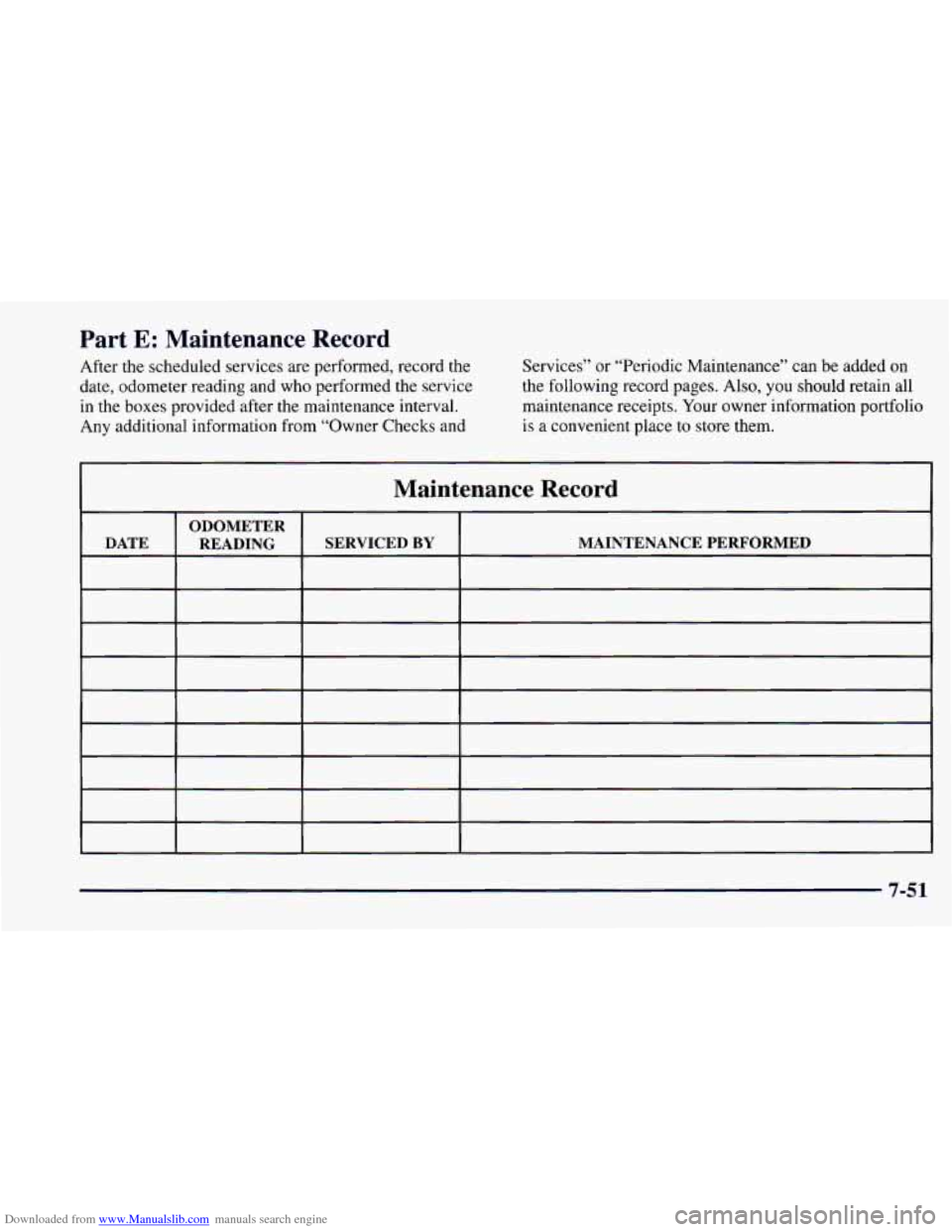 CHEVROLET CAMARO 1997 4.G Owners Manual Downloaded from www.Manualslib.com manuals search engine Part E: Maintenance Record
After the scheduled services are performed, record the
date, odometer reading and who performed the serv CHEVROLET CAMARO 1997 4.G Owners Manual Downloaded from www.Manualslib.com manuals search engine Part E: Maintenance Record
After the scheduled services are performed, record the
date, odometer reading and who performed the serv