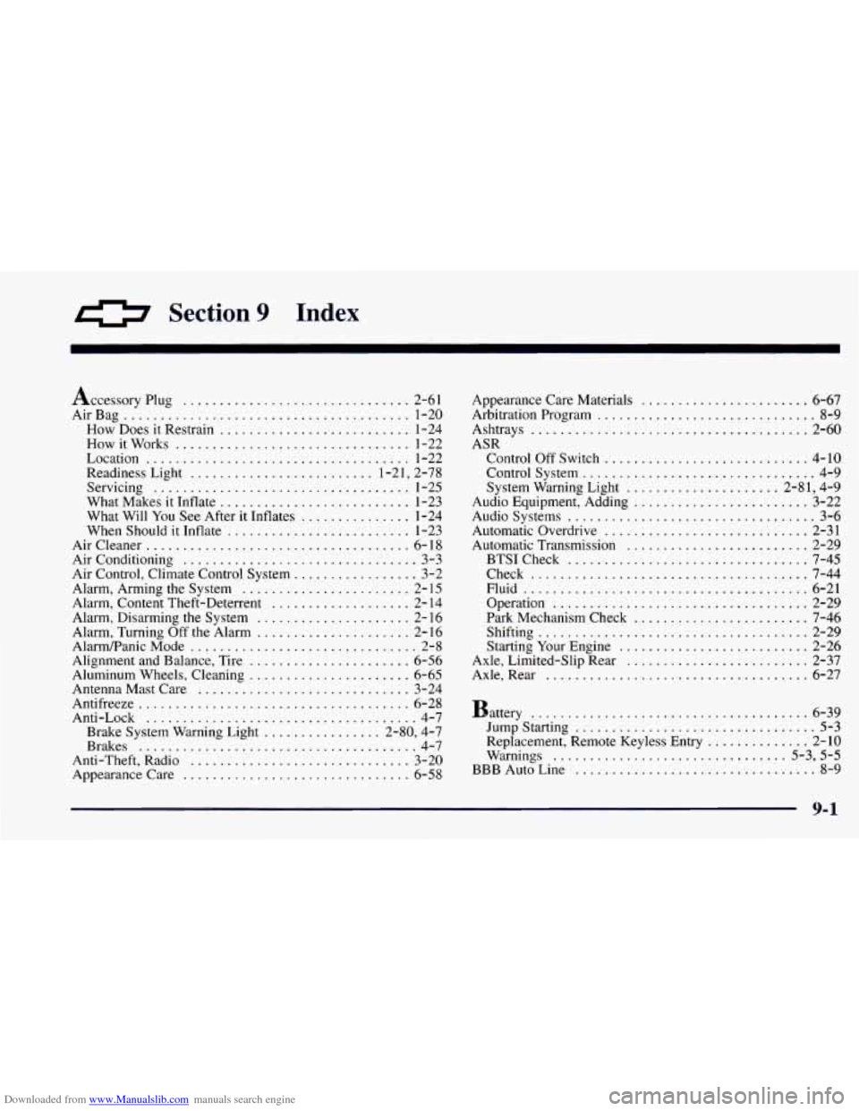 CHEVROLET CAMARO 1997 4.G Owners Manual Downloaded from www.Manualslib.com manuals search engine 0 Section 9 Index
Accessory Plug ............................... 2-61
AirBag
....................................... 1-20
How Does it Re CHEVROLET CAMARO 1997 4.G Owners Manual Downloaded from www.Manualslib.com manuals search engine 0 Section 9 Index
Accessory Plug ............................... 2-61
AirBag
....................................... 1-20
How Does it Re