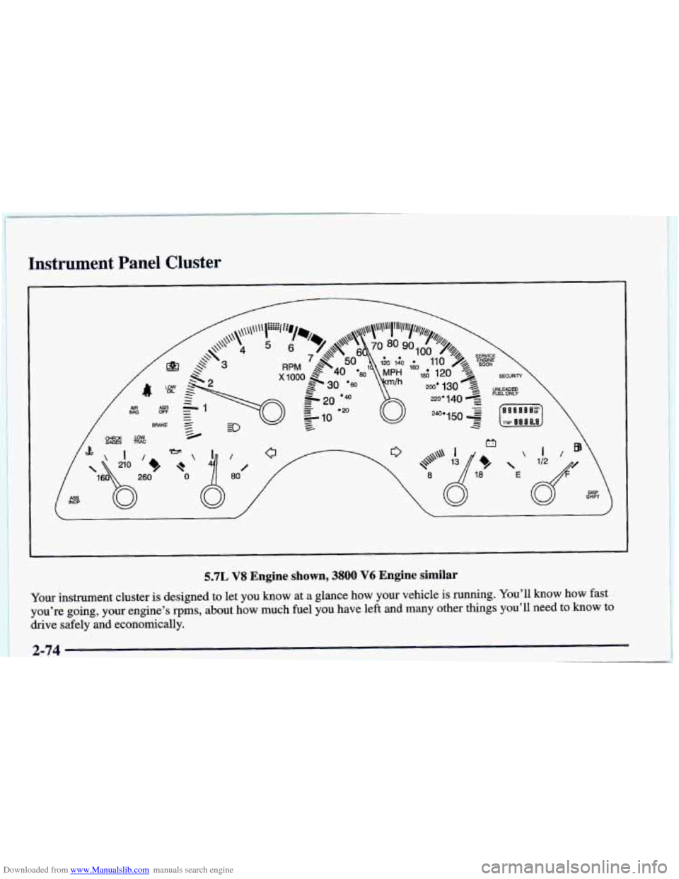 CHEVROLET CAMARO 1998 4.G Owners Manual Downloaded from www.Manualslib.com manuals search engine Instrument  Panel  Cluster 
BAG AIR 
5.7L V8 Engine shown, 3800 V6 Engine similar - 
Your instrument  cluster  is designed to let you  know  at