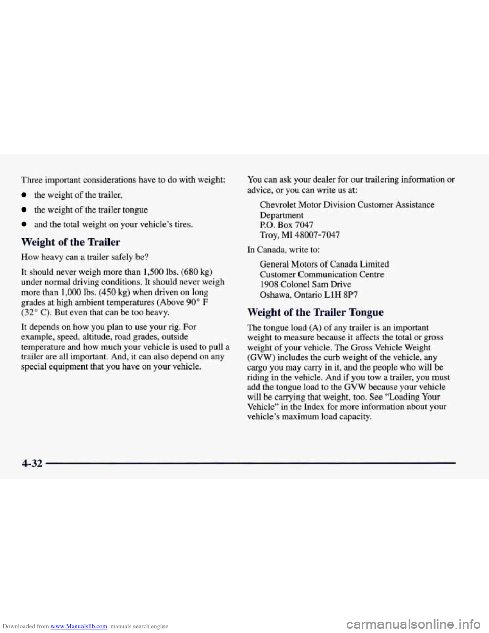 CHEVROLET CAMARO 1998 4.G Owners Manual Downloaded from www.Manualslib.com manuals search engine Three  important  considerations  have  to do with  weight: 
the  weight  of  the  trailer, 
the  weight of the  trailer  tongue 
and  the tota CHEVROLET CAMARO 1998 4.G Owners Manual Downloaded from www.Manualslib.com manuals search engine Three  important  considerations  have  to do with  weight: 
the  weight  of  the  trailer, 
the  weight of the  trailer  tongue 
and  the tota