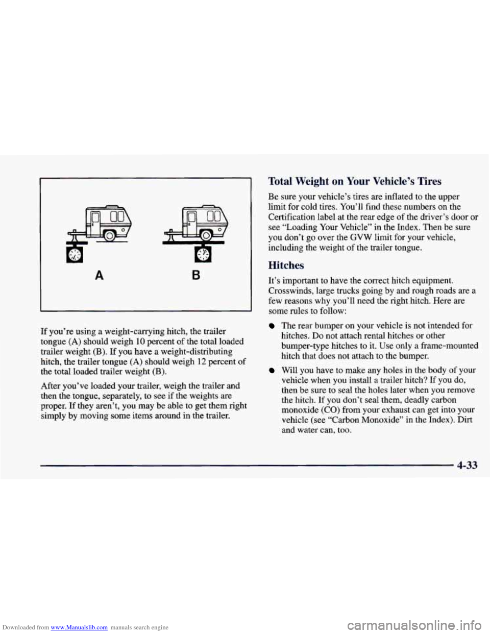 CHEVROLET CAMARO 1998 4.G Owners Manual Downloaded from www.Manualslib.com manuals search engine A B
If you’re using a weight-carrying hitch, the trailer
tongue
(A) should weigh 10 percent of the total loaded
trailer weight
(B). If CHEVROLET CAMARO 1998 4.G Owners Manual Downloaded from www.Manualslib.com manuals search engine A B
If you’re using a weight-carrying hitch, the trailer
tongue
(A) should weigh 10 percent of the total loaded
trailer weight
(B). If