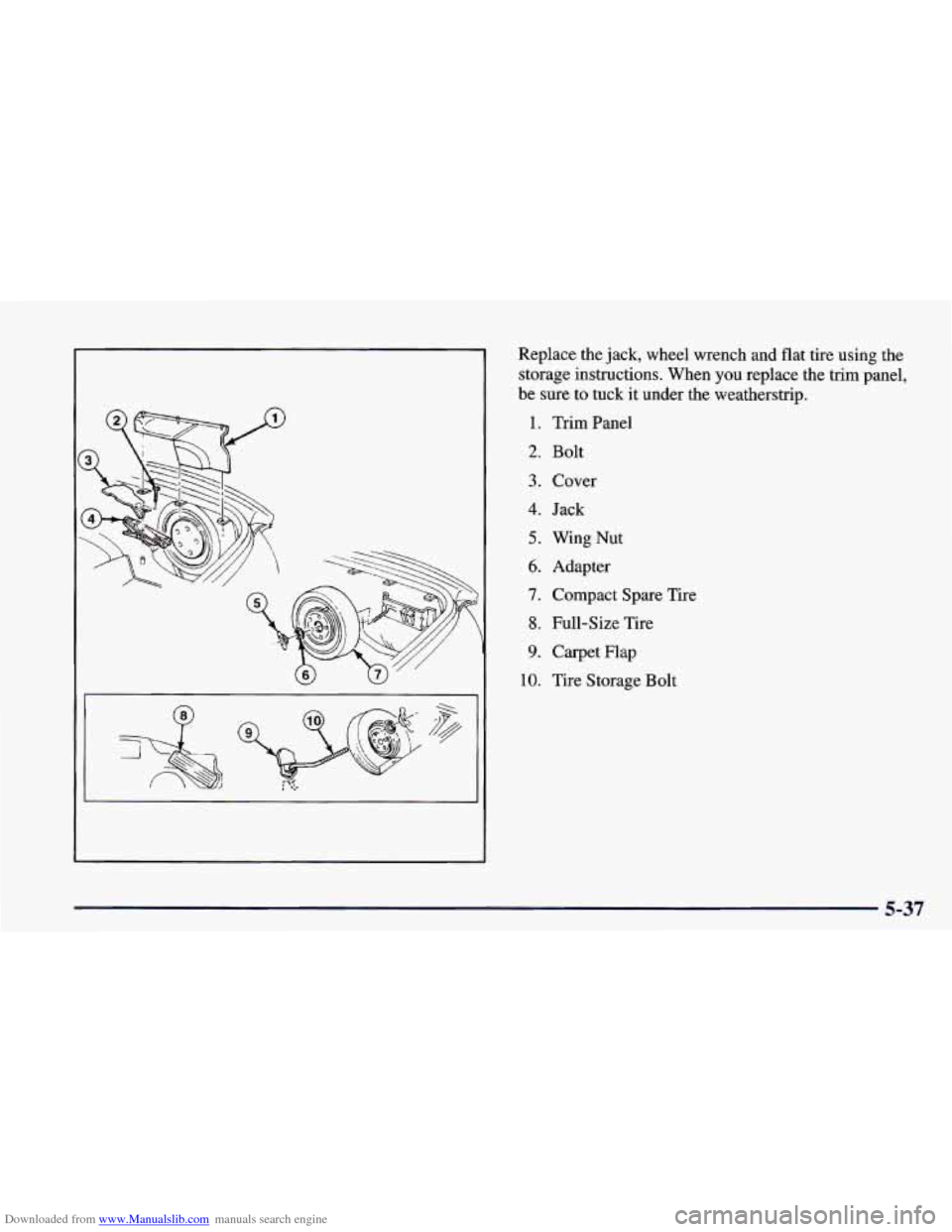 CHEVROLET CAMARO 1998 4.G Owners Manual Downloaded from www.Manualslib.com manuals search engine Replace the jack, wheel  wrench  and  flat tire  using  the 
storage instructions.  When  you  replace the trim  panel, 
be 
sure to tuck it  u