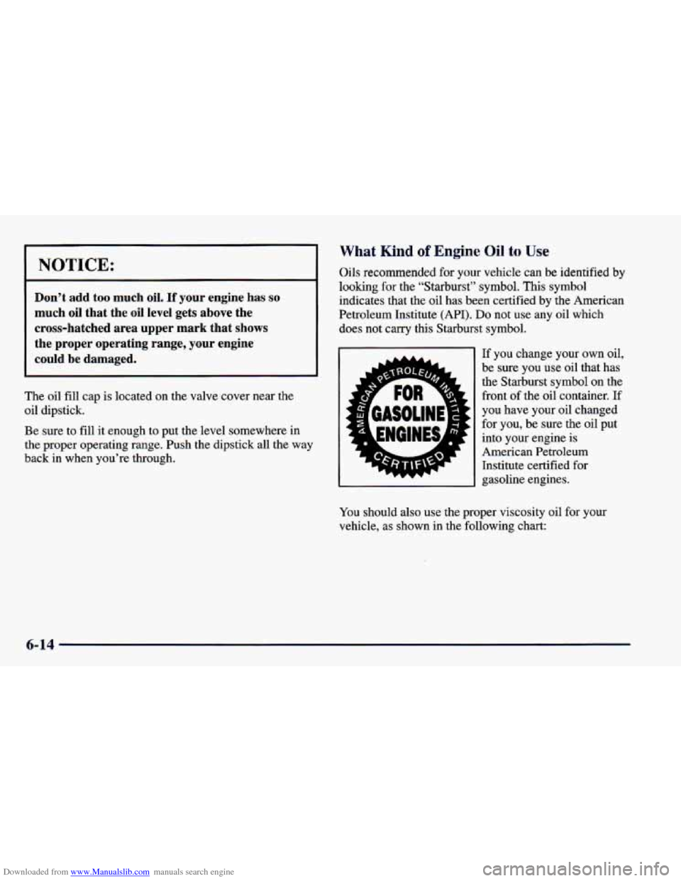 CHEVROLET CAMARO 1998 4.G Owners Manual Downloaded from www.Manualslib.com manuals search engine NOTICE:
Don’t add too much oil. If your engine has so
much oil that the oil level gets above the
cross-hatched area upper CHEVROLET CAMARO 1998 4.G Owners Manual Downloaded from www.Manualslib.com manuals search engine NOTICE:
Don’t add too much oil. If your engine has so
much oil that the oil level gets above the
cross-hatched area upper