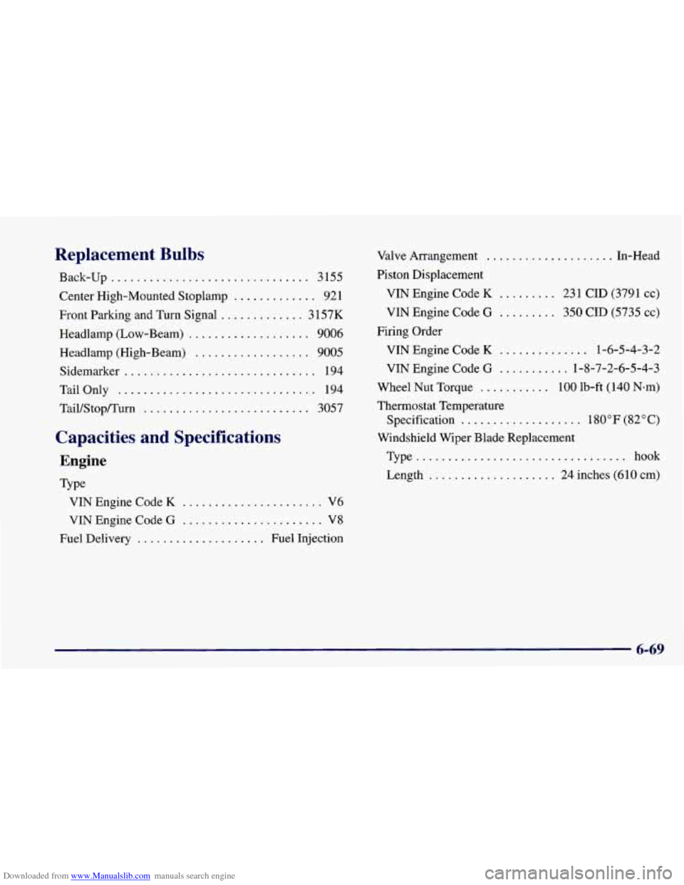 CHEVROLET CAMARO 1998 4.G Owners Manual Downloaded from www.Manualslib.com manuals search engine Replacement Bulbs 
Back-up ............................... 3155 
Center High-Mounted Stoplamp 
............. 92 1 
Front Parking  and  Turn Sig