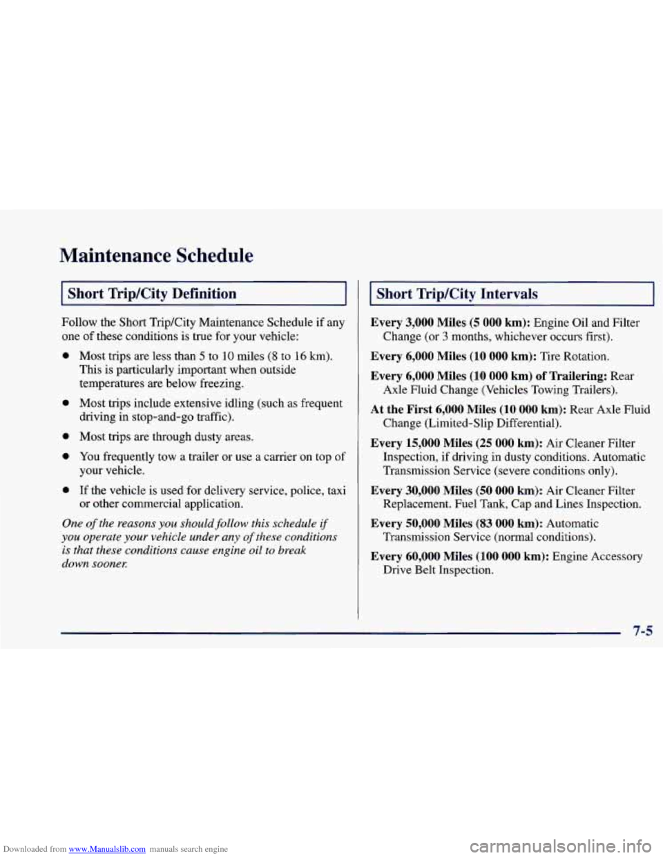 CHEVROLET CAMARO 1998 4.G Owners Manual Downloaded from www.Manualslib.com manuals search engine Maintenance Schedule
I Short Trip/City Definition 1
Follow the Short TripKity Maintenance Schedule if any
one
of these conditions i CHEVROLET CAMARO 1998 4.G Owners Manual Downloaded from www.Manualslib.com manuals search engine Maintenance Schedule
I Short Trip/City Definition 1
Follow the Short TripKity Maintenance Schedule if any
one
of these conditions i