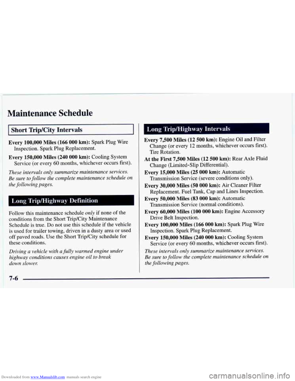 CHEVROLET CAMARO 1998 4.G Owners Manual Downloaded from www.Manualslib.com manuals search engine Maintenance Schedule
I Short Trip/City Intervals I
Every 100,000 Miles (166 000 km): Spark Plug Wire
Inspection. Spark Plug Replace CHEVROLET CAMARO 1998 4.G Owners Manual Downloaded from www.Manualslib.com manuals search engine Maintenance Schedule
I Short Trip/City Intervals I
Every 100,000 Miles (166 000 km): Spark Plug Wire
Inspection. Spark Plug Replace