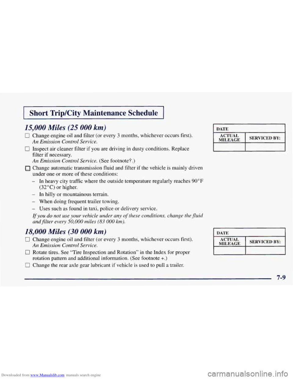 CHEVROLET CAMARO 1998 4.G Owners Manual Downloaded from www.Manualslib.com manuals search engine I Short  TripKity  Maintenance  Schedule I 
15,000 Miles (25 000 km) 
0 Change engine oil and  filter (or  every 3 months,  whichever  occurs  