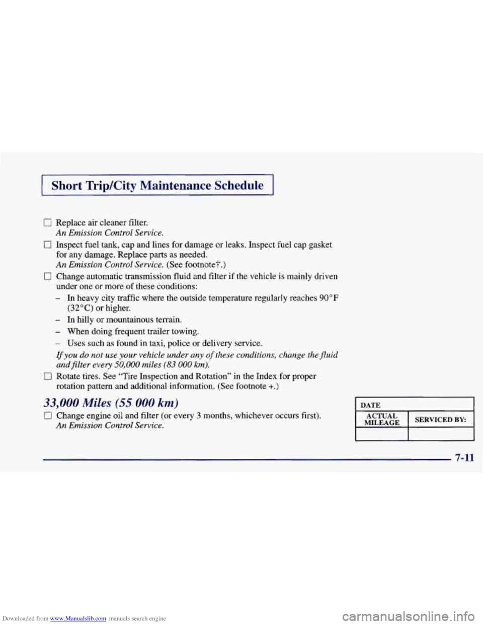 CHEVROLET CAMARO 1998 4.G Owners Manual Downloaded from www.Manualslib.com manuals search engine I Short TripKity Maintenance Schedule I
0 Replace air cleaner filter.
0 Inspect fuel tank, cap and lines for damage or leaks. Inspect CHEVROLET CAMARO 1998 4.G Owners Manual Downloaded from www.Manualslib.com manuals search engine I Short TripKity Maintenance Schedule I
0 Replace air cleaner filter.
0 Inspect fuel tank, cap and lines for damage or leaks. Inspect