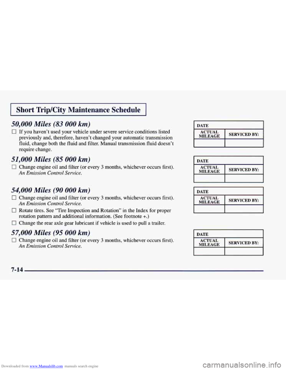 CHEVROLET CAMARO 1998 4.G Owners Manual Downloaded from www.Manualslib.com manuals search engine I Short  TripKity  Maintenance  Schedule I 
50,000 Miles (83 000 km) 
0 If you haven’t  used  your  vehicle  under  severe  service  conditio
