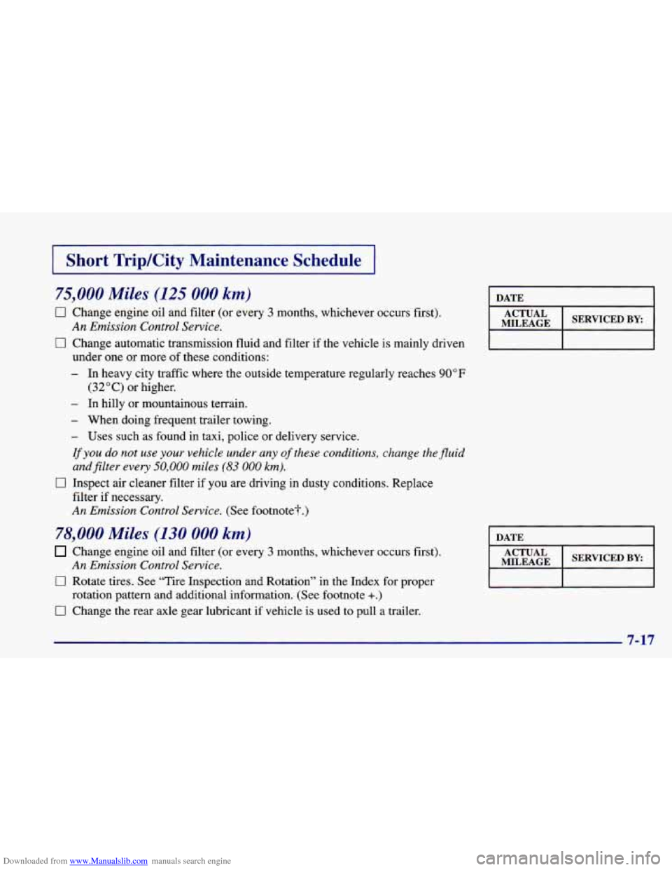 CHEVROLET CAMARO 1998 4.G Owners Manual Downloaded from www.Manualslib.com manuals search engine I Short  TripKity  Maintenance  Schedule I 
75,000 Miles (125 000 km) 
0 Change engine oil and  filter  (or  every 3 months,  whichever  occurs