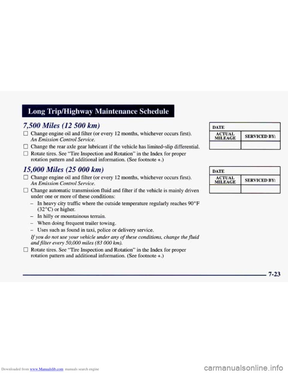 CHEVROLET CAMARO 1998 4.G Owners Manual Downloaded from www.Manualslib.com manuals search engine mip/Higl 
7,500 Miles (12 500 km) 
0 Change engine oil and  filter (or  every 12 months,  whichever  occurs  first). 
Cl Change  the rear axle 
