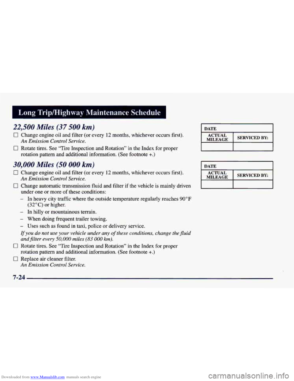 CHEVROLET CAMARO 1998 4.G Owners Manual Downloaded from www.Manualslib.com manuals search engine ’ I ong Tripmighway  Maintenance Schedule 
22,500 Miles (37 500 km) 
0 Change engine oil and filter  (or every 12 months,  whichever  occurs 