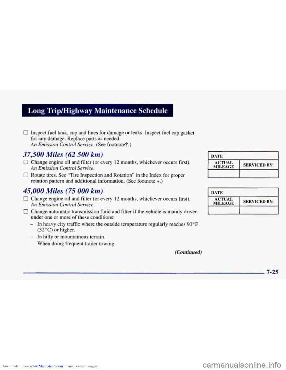 CHEVROLET CAMARO 1998 4.G Owners Manual Downloaded from www.Manualslib.com manuals search engine Long Trip/Highway Maintenance Schedule
J
0 Inspect fuel tank, cap and lines for damage or leaks. Inspect fuel cap gasket
for any dama CHEVROLET CAMARO 1998 4.G Owners Manual Downloaded from www.Manualslib.com manuals search engine Long Trip/Highway Maintenance Schedule
J
0 Inspect fuel tank, cap and lines for damage or leaks. Inspect fuel cap gasket
for any dama