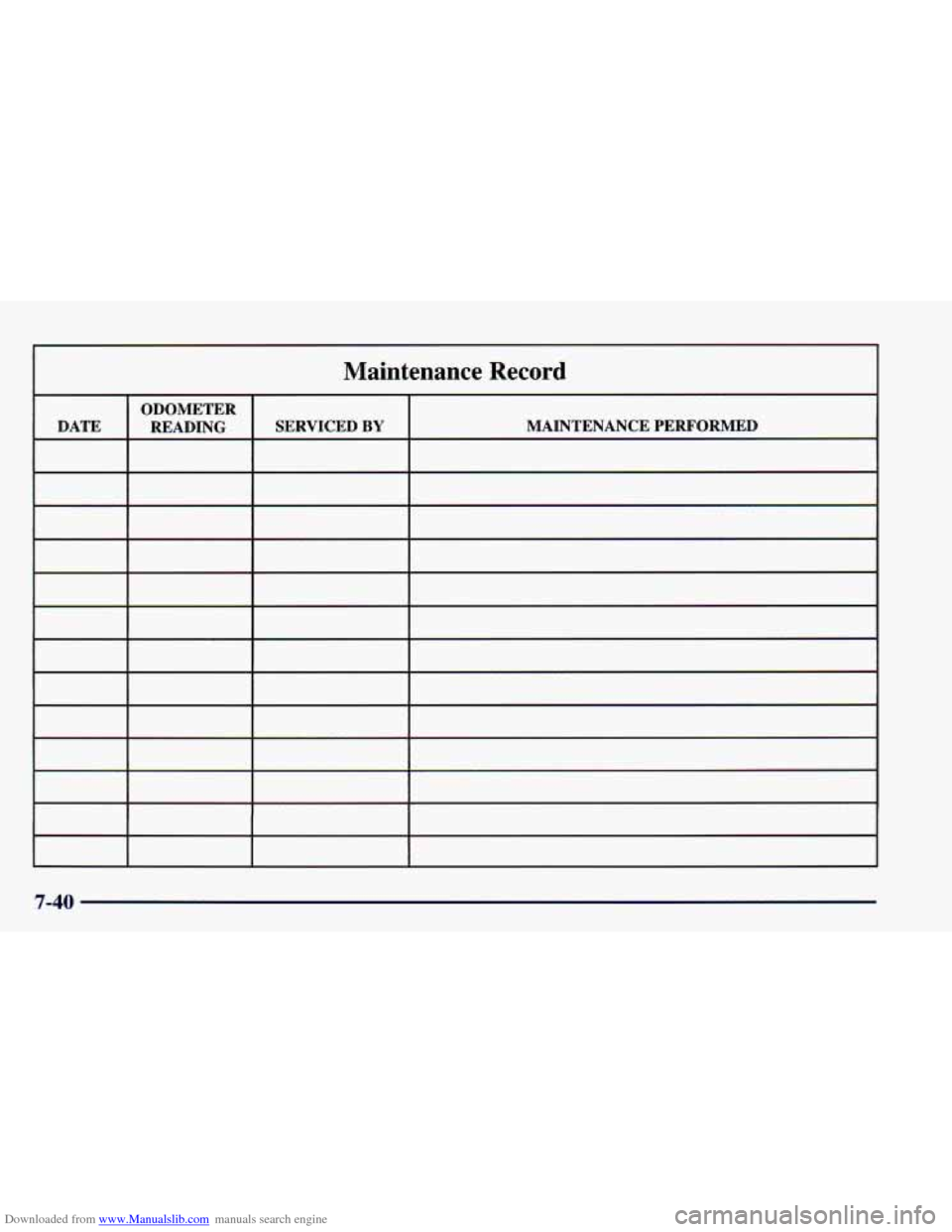 CHEVROLET CAMARO 1998 4.G Owners Manual Downloaded from www.Manualslib.com manuals search engine Maintenance Record
7-40 CHEVROLET CAMARO 1998 4.G Owners Manual Downloaded from www.Manualslib.com manuals search engine Maintenance Record
7-40