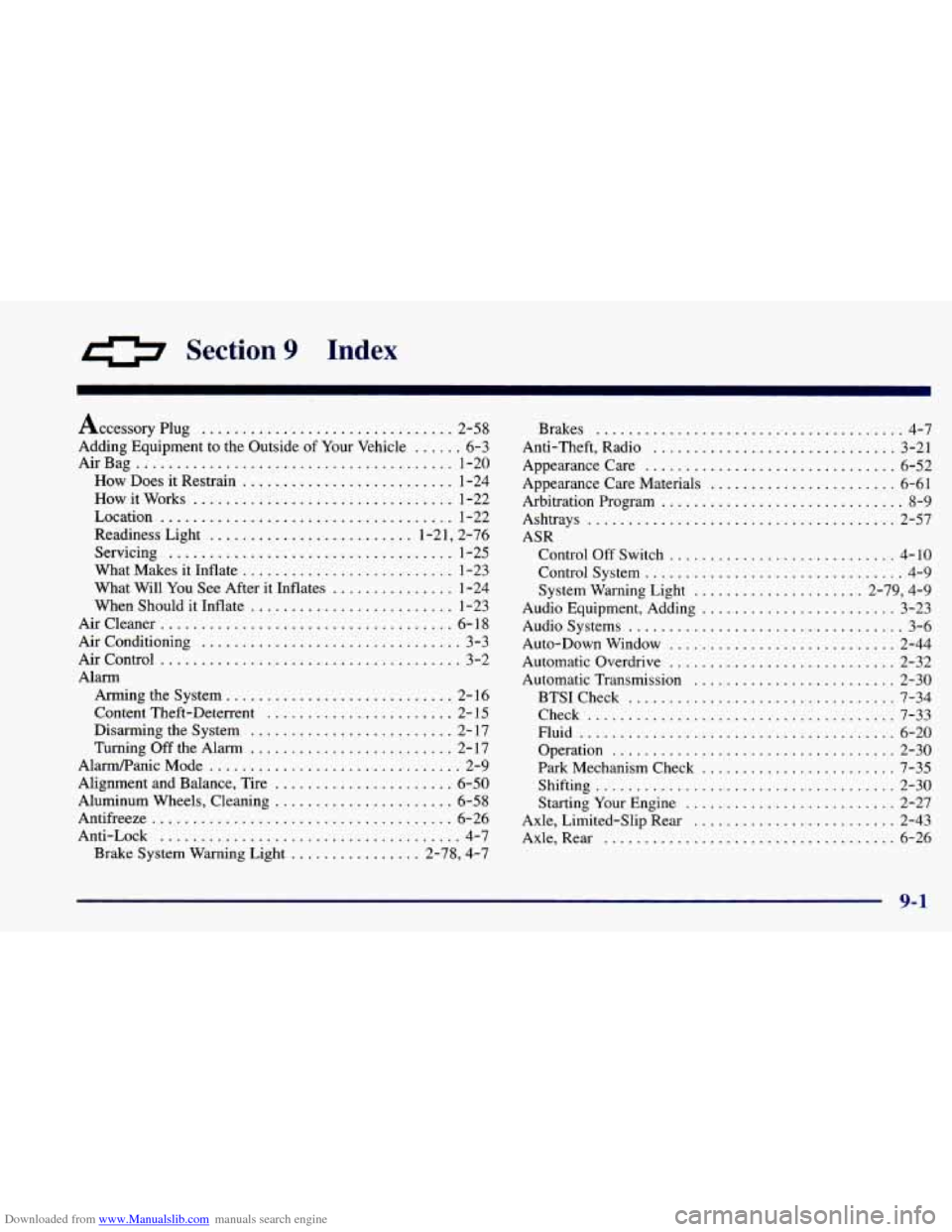 CHEVROLET CAMARO 1998 4.G Manual PDF Downloaded from www.Manualslib.com manuals search engine 0 Section 9 Index
Accessory Plug ............................... 2-58
AirBag
....................................... 1-20
How Does it Rest CHEVROLET CAMARO 1998 4.G Manual PDF Downloaded from www.Manualslib.com manuals search engine 0 Section 9 Index
Accessory Plug ............................... 2-58
AirBag
....................................... 1-20
How Does it Rest