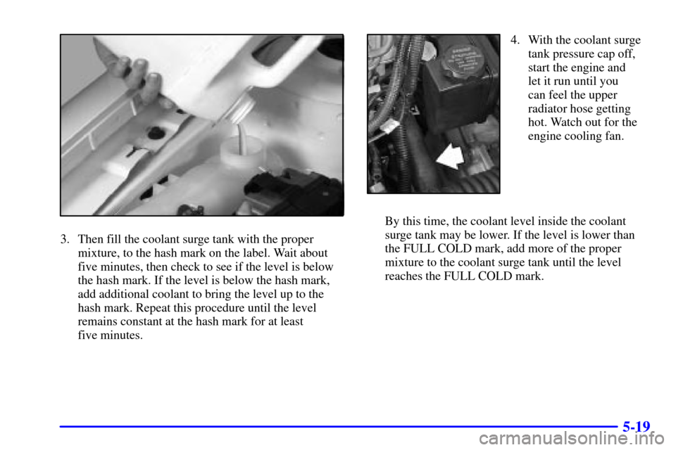 CHEVROLET CAVALIER 2002 3.G Owners Manual 5-19
3. Then fill the coolant surge tank with the proper
mixture, to the hash mark on the label. Wait about
five minutes, then check to see if the level is below
the hash mark. If the level is below t