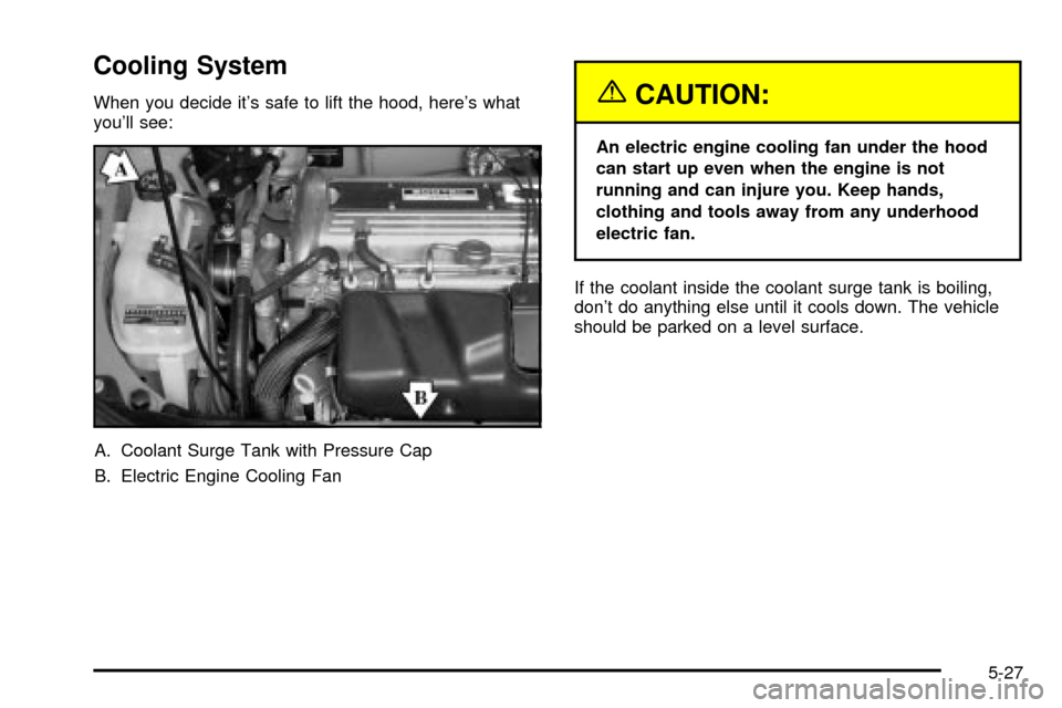 CHEVROLET CAVALIER 2003 3.G Owners Manual Cooling System
When you decide its safe to lift the hood, heres what
youll see:
A. Coolant Surge Tank with Pressure Cap
B. Electric Engine Cooling Fan{CAUTION:
An electric engine cooling fan under CHEVROLET CAVALIER 2003 3.G Owners Manual Cooling System
When you decide its safe to lift the hood, heres what
youll see:
A. Coolant Surge Tank with Pressure Cap
B. Electric Engine Cooling Fan{CAUTION:
An electric engine cooling fan under
