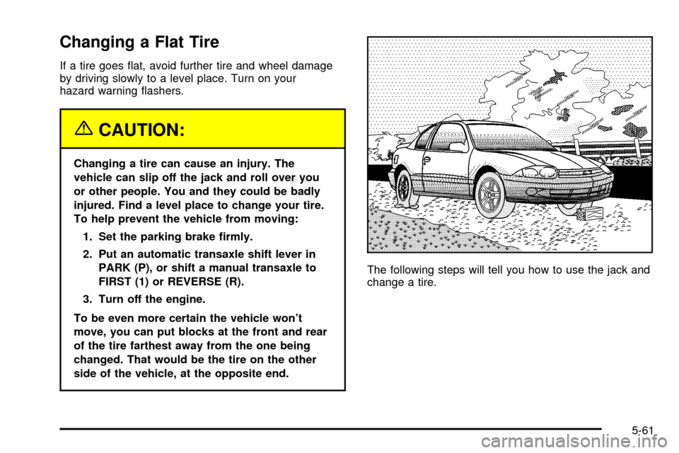 CHEVROLET CAVALIER 2003 3.G Owners Manual Changing a Flat Tire
If a tire goes ¯at, avoid further tire and wheel damage
by driving slowly to a level place. Turn on your
hazard warning ¯ashers.
{CAUTION:
Changing a tire can cause an injury. T