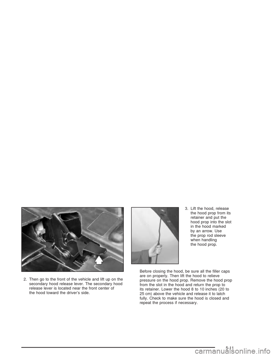 CHEVROLET CAVALIER 2004 3.G Owners Manual 2. Then go to the front of the vehicle and lift up on the
secondary hood release lever. The secondary hood
release lever is located near the front center of
the hood toward the driver’s side.3. Lift CHEVROLET CAVALIER 2004 3.G Owners Manual 2. Then go to the front of the vehicle and lift up on the
secondary hood release lever. The secondary hood
release lever is located near the front center of
the hood toward the driver’s side.3. Lift