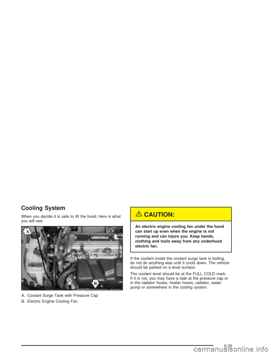 CHEVROLET CAVALIER 2005 3.G Owners Manual Cooling System
When you decide it is safe to lift the hood, here is what
you will see:
A. Coolant Surge Tank with Pressure Cap
B. Electric Engine Cooling Fan{CAUTION:
An electric engine cooling fan un